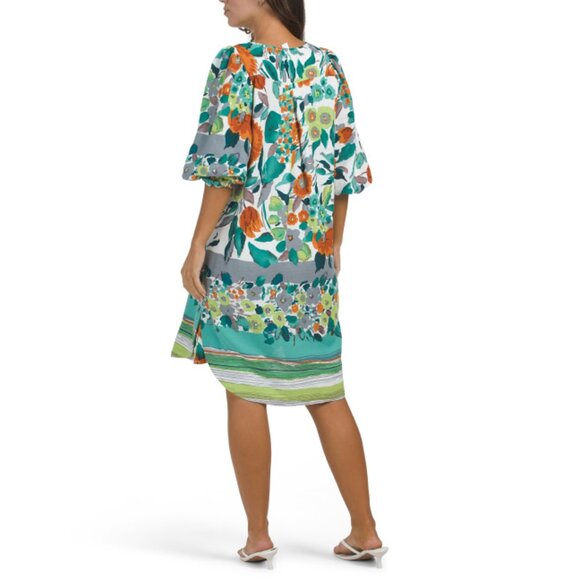 FORCYNTHIA Green Multi Linen Blend Puff Sleeve Printed Mini Dress - Picture 2 of 2